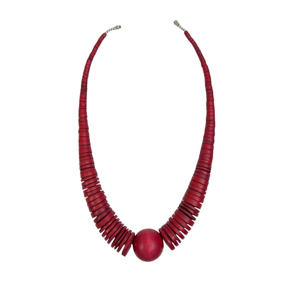 Cherry Red Wooden Disc & Round Ball Statement Necklace - Picture 7 of 9